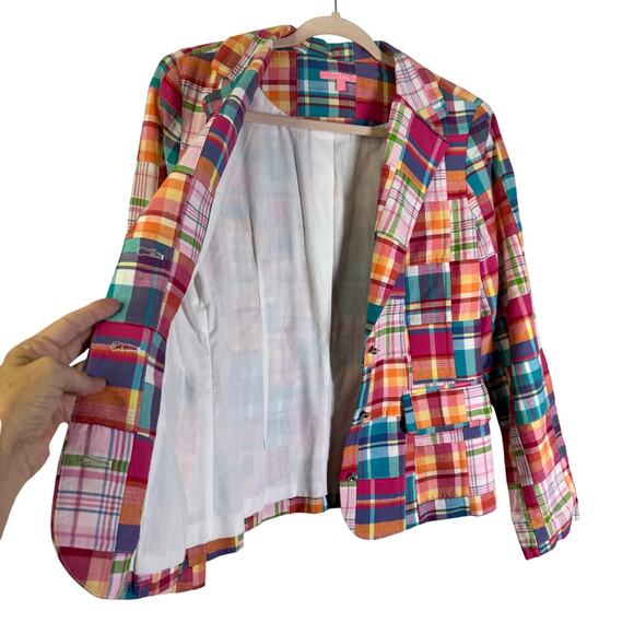 SAM TY Blazer 6 Madras‎ Plaid Patchwork Cotton Crystal Buttons Lined Preppy - Picture 2 of 14